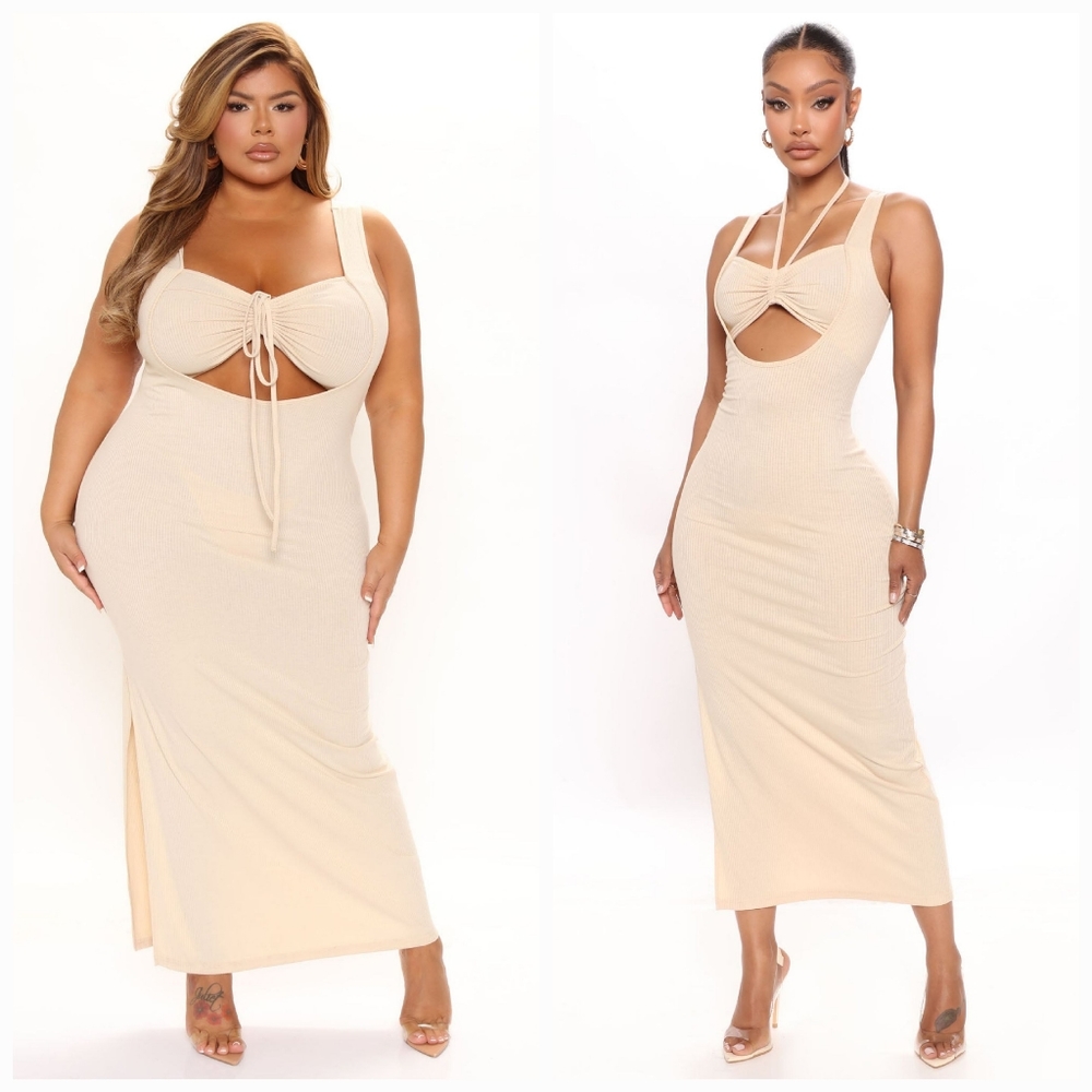 Fashion Nova Scenic View Tan Sand Beige Cut out Keyhole Bodycon Tie Maxi Dress M